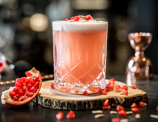Speyside single malt, papaya seeds, pomegranate seeds, sunflower seeds, honey, ginger, lime, and egg